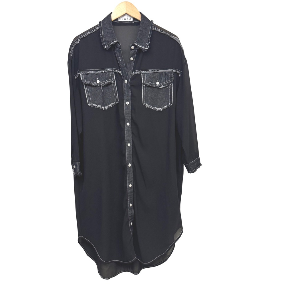 Kate Hewko Large Black Semi Sheer‎ Shirt Dress Denim Trim Distressed